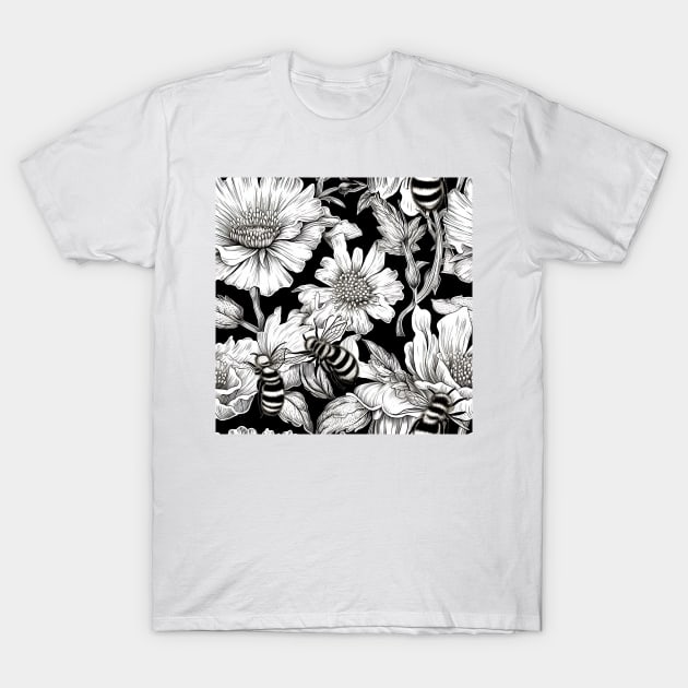 Bees Amidst Flowers Pen And Ink Engraving T-Shirt by SubtleSplit